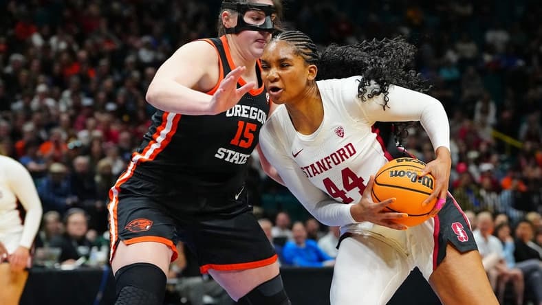 Mar 8, 2024; Las Vegas, NV, USA; Stanford Cardinal forward Kiki Iriafen (44) drives the lane against Oregon State Beavers forward Raegan Beers (15) during the fourth quarter at MGM Grand Garden Arena. Mandatory Credit: Stephen R. Sylvanie-USA TODAY Sports