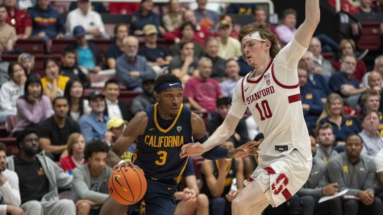 Mar 7, 2024; Stanford, California, USA; California Golden Bears guard Keonte Kennedy (3) dribbles the basketball against Stanford Cardinal forward Max Murrell (10) during the second half at Maples Pavillion. Mandatory Credit: Neville E. Guard-USA TODAY Sports