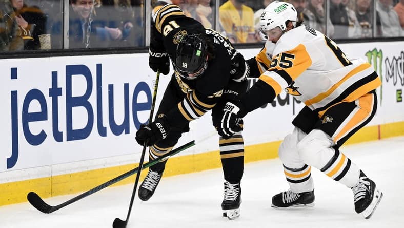 Mar 9, 2024; Boston, Massachusetts, USA; Pittsburgh Penguins center Noel Acciari (55) defends Boston Bruins center Pavel Zacha (18) during the first period at the TD Garden. Mandatory Credit: Brian Fluharty-USA TODAY Sports