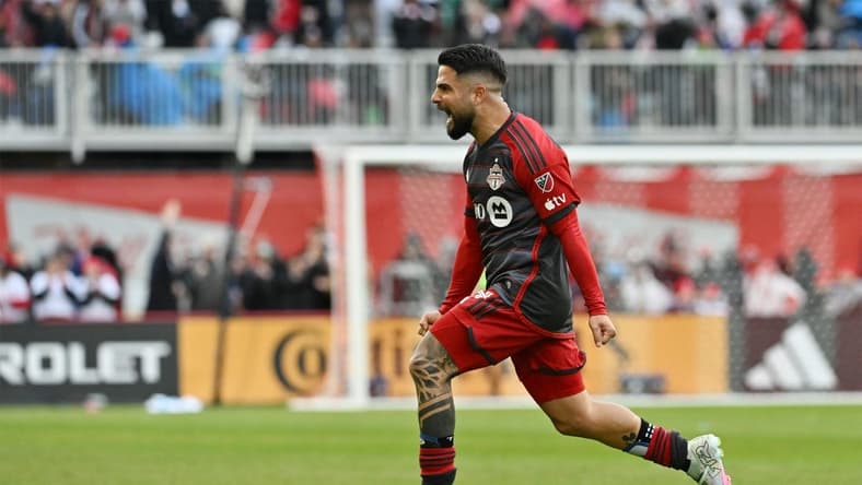 Mar 9, 2024; Toronto, Ontario, USA; Toronto FC forward Lorenzo Insigne (24) celebrates a goal in the second half against Charlotte FC at BMO Field. Mandatory Credit: Dan Hamilton-USA TODAY Sports