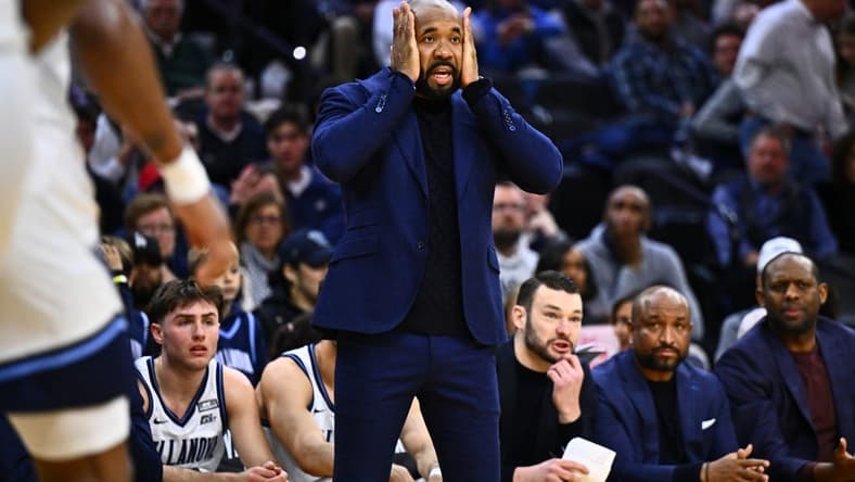 Mar 9, 2024; Philadelphia, Pennsylvania, USA; Villanova Wildcats head coach Kyle Neptune reacts against the Creighton Bluejays in the first half at Wells Fargo Center. Mandatory Credit: Kyle Ross-USA TODAY Sports