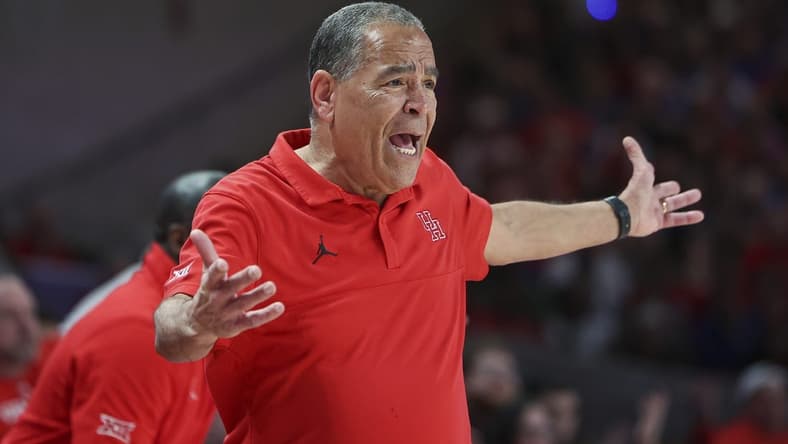 Mar 9, 2024; Houston, Texas, USA; Houston Cougars head coach Kelvin Sampson reacts during the first half against the Kansas Jayhawks at Fertitta Center. Mandatory Credit: Troy Taormina-USA TODAY Sports