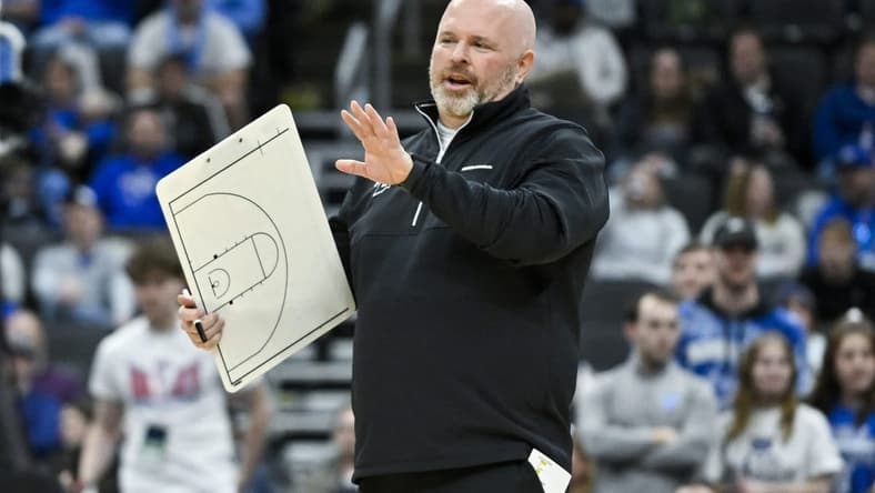 Mar 9, 2024; St. Louis, MO, USA; Indiana State Sycamores head coach Josh Schertz looks on during a game against the Northern Iowa Panthers during the second half of the Missouri Valley Conference Tournament semifinal game at Enterprise Center. Mandatory Credit: Jeff Curry-USA TODAY Sports