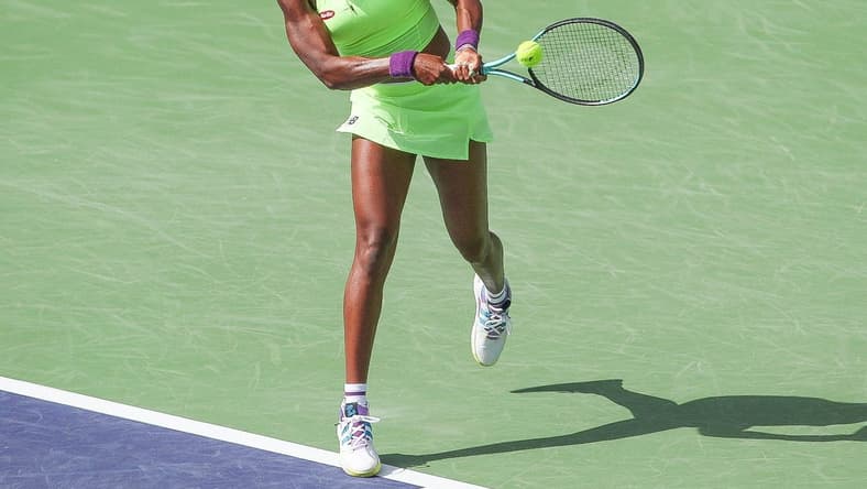 Coco Gauff hits a shot during her win over Clara Burel at the BNP Paribas Open in Indian Wells, Calif., March 9, 2024.