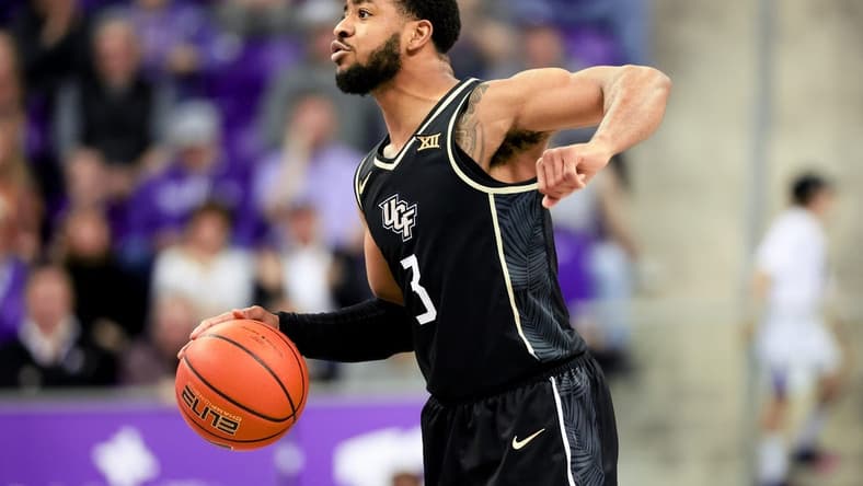 Mar 9, 2024; Fort Worth, Texas, USA; UCF Knights guard Darius Johnson (3) reacts during the second half against the TCU Horned Frogs at Ed and Rae Schollmaier Arena. Mandatory Credit: Kevin Jairaj-USA TODAY Sports