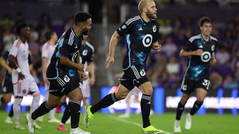 Mar 9, 2024; Orlando, Florida, USA; Minnesota United forward Teemu Pukki (22) celebrates with teammates after scoring a goal against Orlando City during the first half at Inter & Co Stadium. Mandatory Credit: Morgan Tencza-USA TODAY Sports