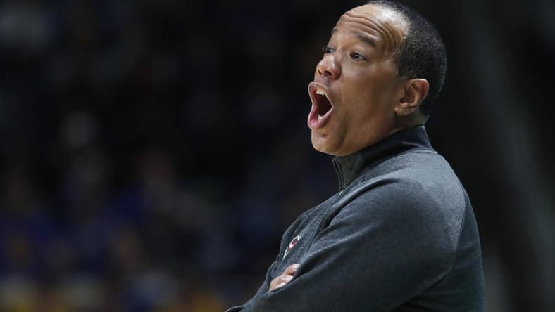 Mar 9, 2024; Pittsburgh, Pennsylvania, USA;  North Carolina State Wolfpack head coach Kevin Keatts reacts on the sidelines against the Pittsburgh Panthers during the first half at the Petersen Events Center. Mandatory Credit: Charles LeClaire-USA TODAY Sports