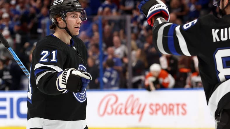 Mar 9, 2024; Tampa, Florida, USA; Tampa Bay Lightning center Brayden Point (21) celebrates after scoring a goal against the Philadelphia Flyers during the first period at Amalie Arena. Mandatory Credit: Kim Klement Neitzel-USA TODAY Sports