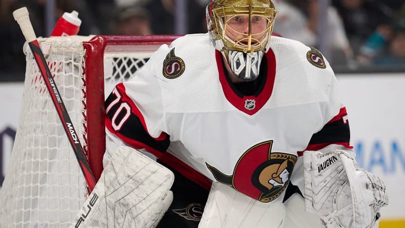 Mar 9, 2024; San Jose, California, USA; Ottawa Senators goaltender Joonas Korpisalo (70) watches the play against the San Jose Sharks during the second period at SAP Center at San Jose. Mandatory Credit: Robert Edwards-USA TODAY Sports