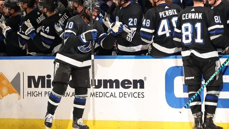 Mar 9, 2024; Tampa, Florida, USA; Tampa Bay Lightning left wing Anthony Duclair (10) is congratulated after he scores a goal against the Philadelphia Flyers during the second period at Amalie Arena. Mandatory Credit: Kim Klement Neitzel-USA TODAY Sports