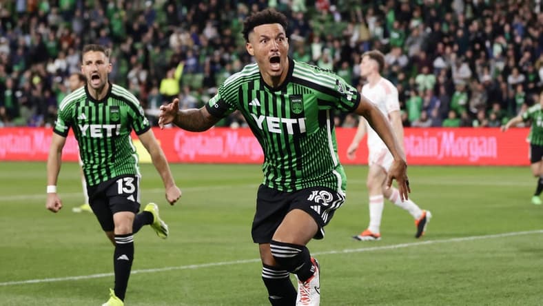 Mar 9, 2024; Austin, Texas, USA; Austin FC defender Julio Cascante (18) celebrates his goal scored against St. Louis CITY SC during the second half at Q2 Stadium. Mandatory Credit: Erich Schlegel-USA TODAY Sports
