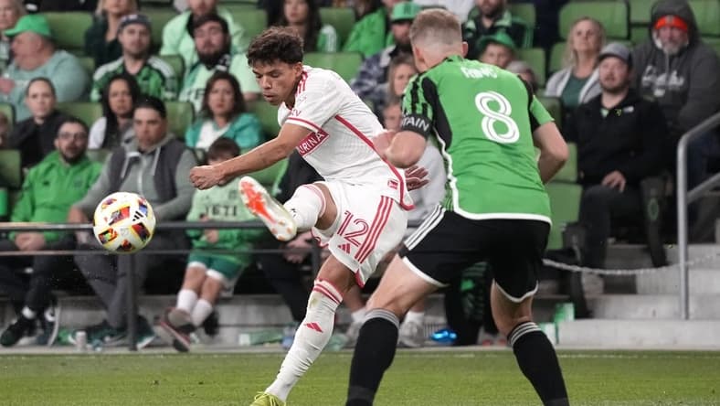 Mar 9, 2024; Austin, Texas, USA; St. Louis CITY SC midfielder Celio Pompeu (12) plays the ball against Austin FC midfielder Alex Ring (8) during the second half at Q2 Stadium. Mandatory Credit: Scott Wachter-USA TODAY Sports