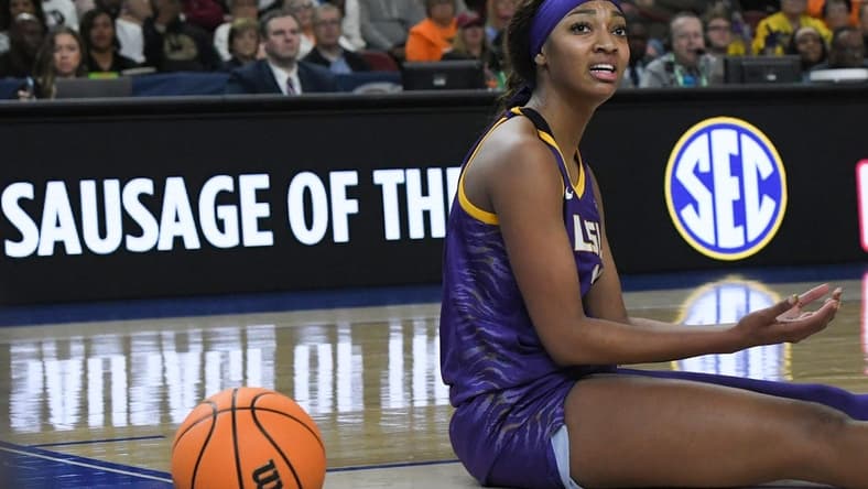 Louisiana State University forward Angel Reese (10) reacts after the ball went out of bounds playing USC during the fourth quarter of the SEC Women's Basketball Tournament Championship game at the Bon Secours Wellness Arena in Greenville, S.C. Sunday, March 10, 2024.