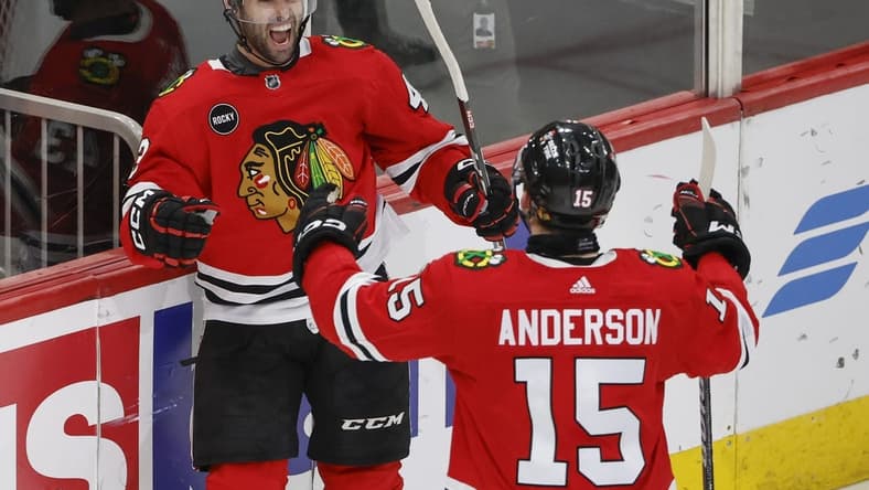 Mar 10, 2024; Chicago, Illinois, USA; Chicago Blackhawks center Colin Blackwell (43) celebrates after scoring against the Arizona Coyotes during the third period at United Center. Mandatory Credit: Kamil Krzaczynski-USA TODAY Sports