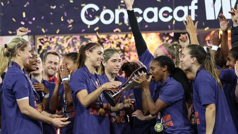 Mar 10, 2024; San Diego, California, USA; Team USA celebrate the gold medal and trophy presentation after the win over Brazil during the final of the 2024 W Gold Cup at Snapdragon Stadium. Mandatory Credit: Abe Arredondo-USA TODAY Sports