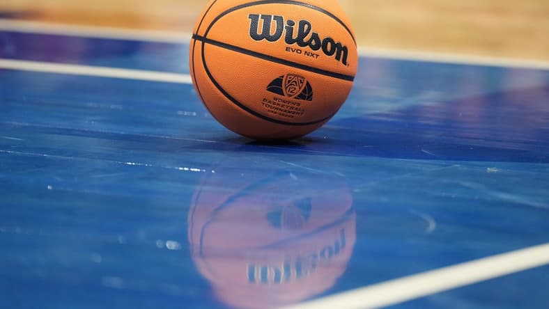 Mar 10, 2024; Las Vegas, NV, USA; A basketball with a Pac-12 Conference logo at the Pac-12 Tournament women's championship game at MGM Grand Garden Arena. Mandatory Credit: Kirby Lee-USA TODAY Sports