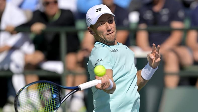 Mar 11, 2024; Indian Wells, CA, USA; Casper Ruud (NOR) hits a shot in his third round match defeating Arthur Fils (FRA) in the BNP Paribas Open at the Indian Wells Tennis Garden. Mandatory Credit: Jayne Kamin-Oncea-USA TODAY Sports