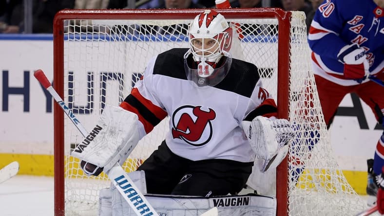 Mar 11, 2024; New York, New York, USA; New Jersey Devils goaltender Kaapo Kahkonen (31) tends net against the New York Rangers during the third period at Madison Square Garden. Mandatory Credit: Brad Penner-USA TODAY Sports