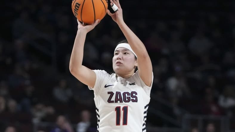March 12, 2024; Las Vegas, NV, USA; Gonzaga Bulldogs guard Kayleigh Truong (11) shoots the basketball against the Portland Pilots during the second half in the finals of the WCC Basketball Championship at Orleans Arena. Mandatory Credit: Kyle Terada-USA TODAY Sports