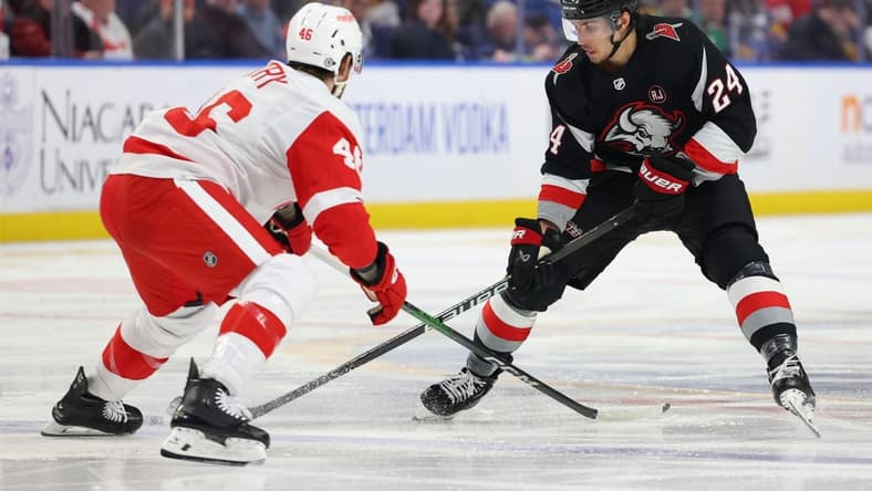 Mar 12, 2024; Buffalo, New York, USA; Buffalo Sabres center Dylan Cozens (24) carries the puck up ice as Detroit Red Wings defenseman Jeff Petry (46) defends during the second period at KeyBank Center. Mandatory Credit: Timothy T. Ludwig-USA TODAY Sports