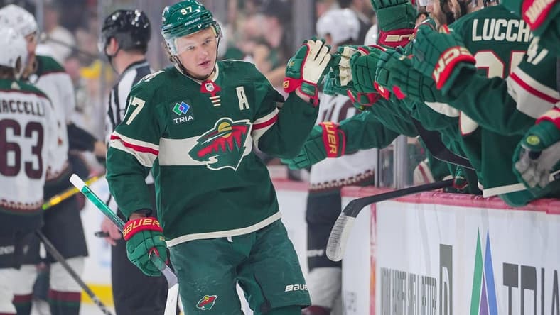 Mar 12, 2024; Saint Paul, Minnesota, USA;  Minnesota Wild left wing Kirill Kaprizov (97) celebrates his goal against the Arizona Coyotes in the first period at Xcel Energy Center. Mandatory Credit: Brad Rempel-USA TODAY Sports