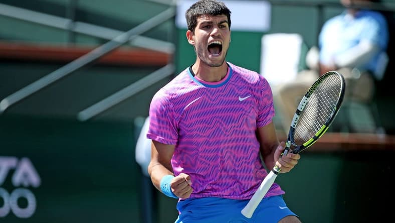 Carlos Alcaraz reacts during his fourth-round 6-3, 6-3 win against Fabian Marozsan at the BNP Paribas Open in Indian Wells, Calif., on Tues., March 12, 2024.