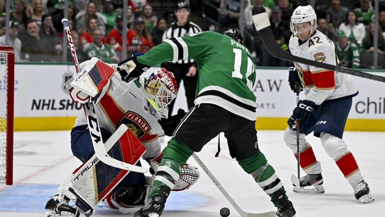 Mar 12, 2024; Dallas, Texas, USA; Dallas Stars center Joe Pavelski (16) attempts to poke the puck past Florida Panthers goaltender Sergei Bobrovsky (72) during the second period at the American Airlines Center. Mandatory Credit: Jerome Miron-USA TODAY Sports