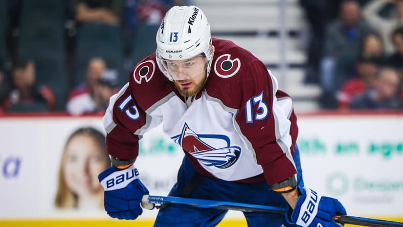 Mar 12, 2024; Calgary, Alberta, CAN; Colorado Avalanche right wing Valeri Nichushkin (13) during the face off against the Calgary Flames during the third period at Scotiabank Saddledome. Mandatory Credit: Sergei Belski-USA TODAY Sports