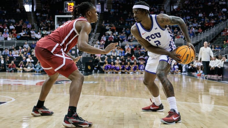 Mar 13, 2024; Kansas City, MO, USA; Oklahoma Sooners guard Otega Oweh (3) guards TCU Horned Frogs forward Emanuel Miller (2) during the first half at T-Mobile Center. Mandatory Credit: William Purnell-USA TODAY Sports
