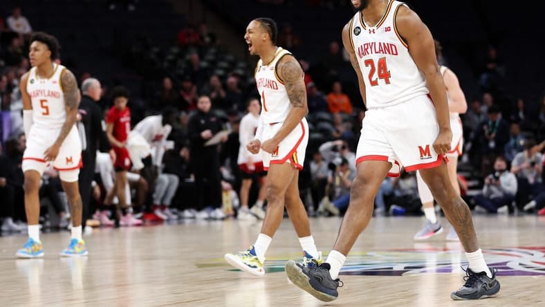 Mar 13, 2024; Minneapolis, MN, USA; Maryland Terrapins forward Donta Scott (24) celebrates his shot against the Rutgers Scarlet Knights during the first half at Target Center. Mandatory Credit: Matt Krohn-USA TODAY Sports