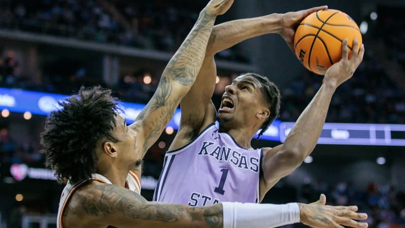 Mar 13, 2024; Kansas City, MO, USA; Kansas State Wildcats forward David N'Guessan (1) shoots the ball during the second half against the Texas Longhorns at T-Mobile Center. Mandatory Credit: William Purnell-USA TODAY Sports