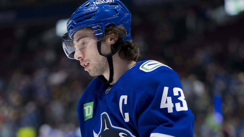 Mar 13, 2024; Vancouver, British Columbia, CAN; Vancouver Canucks defenseman Quinn Hughes (43) skates during warm up prior to a game against the Colorado Avalanche at Rogers Arena. Mandatory Credit: Bob Frid-USA TODAY Sports