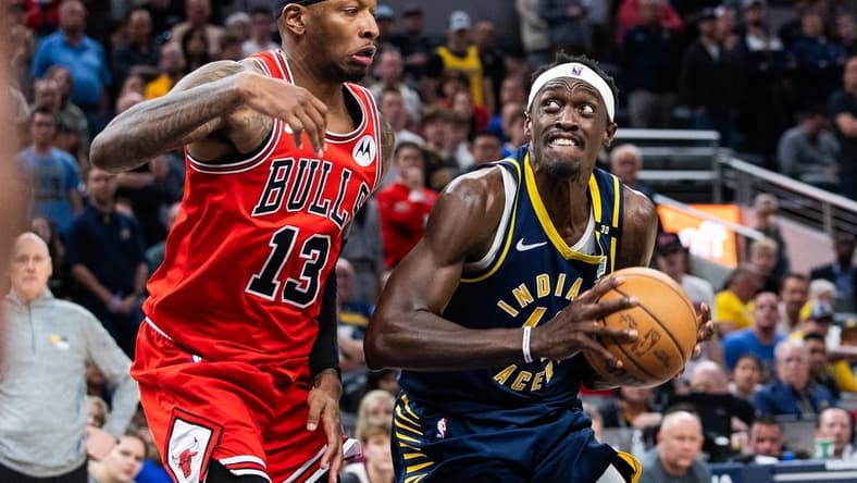 Mar 13, 2024; Indianapolis, Indiana, USA; Indiana Pacers forward Pascal Siakam (43) shoots the ball while Chicago Bulls forward Torrey Craig (13) defends in the second half at Gainbridge Fieldhouse. Mandatory Credit: Trevor Ruszkowski-USA TODAY Sports