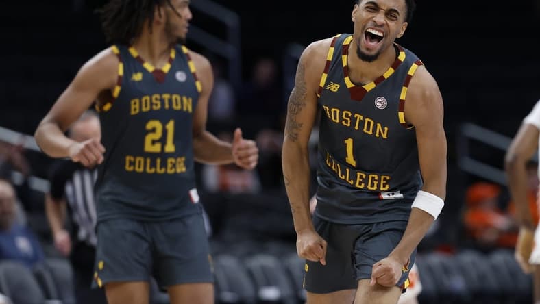 Mar 13, 2024; Washington, D.C., USA; Boston College Eagles guard Claudell Harris Jr. (1) celebrates after making a three point field goal against the Clemson Tigers in the second half at Capital One Arena. Mandatory Credit: Geoff Burke-USA TODAY Sports