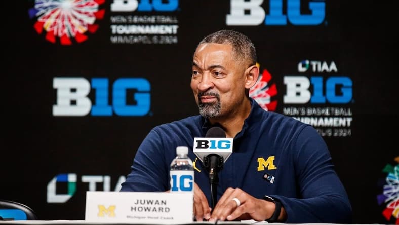 Michigan head coach Juwan Howard answers a question during the post game press conference after First Round loss to Penn State at the Big Ten tournament at Target Center in Minneapolis, Minn. on Wednesday, March 13, 2024.
