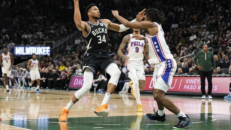 Mar 14, 2024; Milwaukee, Wisconsin, USA; Milwaukee Bucks forward Giannis Antetokounmpo (34) drives for the basket during the first quarter against the Philadelphia 76ers at Fiserv Forum. Mandatory Credit: Jeff Hanisch-USA TODAY Sports