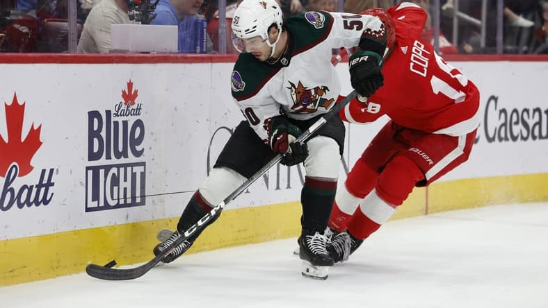 Mar 14, 2024; Detroit, Michigan, USA;  Arizona Coyotes defenseman Sean Durzi (50) and Detroit Red Wings center Andrew Copp (18) battle for the puck in the second period at Little Caesars Arena. Mandatory Credit: Rick Osentoski-USA TODAY Sports