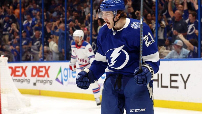 Mar 14, 2024; Tampa, Florida, USA; Tampa Bay Lightning center Brayden Point (21) celebrates after he scores a goal against the New York Rangers during the third period at Amalie Arena. Mandatory Credit: Kim Klement Neitzel-USA TODAY Sports