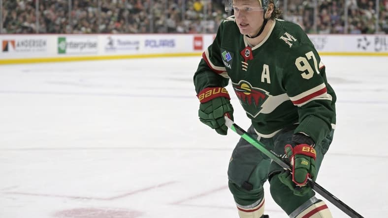 Mar 14, 2024; Saint Paul, Minnesota, USA; Minnesota Wild forward Kirill Kaprizov (97) follows the play against the Anaheim Ducks during the second period at Xcel Energy Center. Mandatory Credit: Nick Wosika-USA TODAY Sports