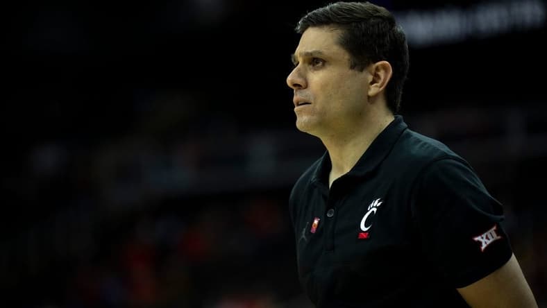 Cincinnati Bearcats head coach Wes Miller looks on in the second half of the Big 12 Conference tournament game between Cincinnati Bearcats and Baylor Bears at T-Mobile Center in Kansas City, Mo., on Thursday, March 14, 2024.