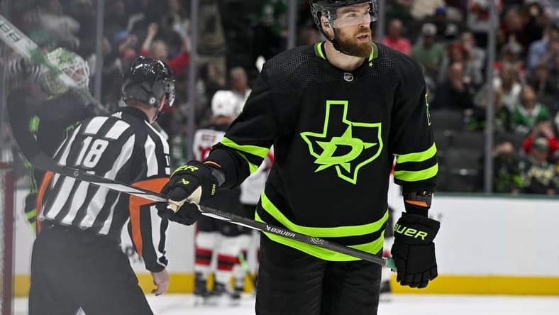 Mar 14, 2024; Dallas, Texas, USA; Dallas Stars defenseman Jani Hakanpaa (2) skates off the ice after the Stars give up a sixth goal to the New Jersey Devils during the game at the American Airlines Center. Mandatory Credit: Jerome Miron-USA TODAY Sports