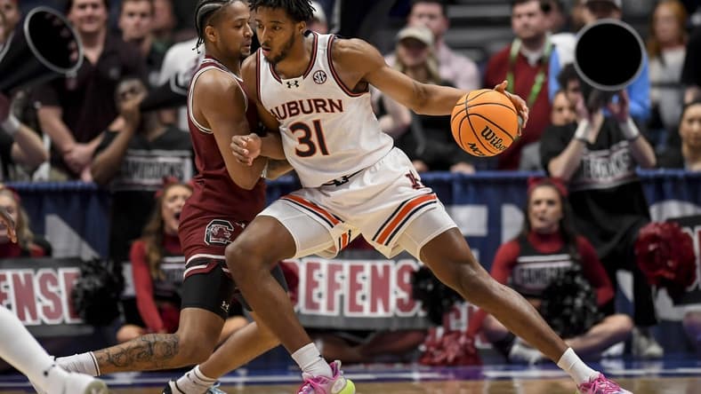 Mar 15, 2024; Nashville, TN, USA; Auburn Tigers guard Chaney Johnson (31) backs down South Carolina Gamecocks forward Josh Gray (33) during the first half at Bridgestone Arena. Mandatory Credit: Steve Roberts-USA TODAY Sports