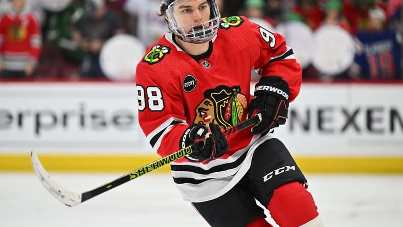 Mar 15, 2024; Chicago, Illinois, USA; Chicago Blackhawks forward Connor Bedard (98) warms up before a game against the Los Angeles Kings at United Center. Mandatory Credit: Jamie Sabau-USA TODAY Sports