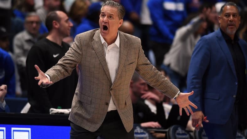 Mar 15, 2024; Nashville, TN, USA; Kentucky Wildcats head coach John Calipari reacts on the sideline during the second half against the Texas A&M Aggies at Bridgestone Arena. Mandatory Credit: Christopher Hanewinckel-USA TODAY Sports
