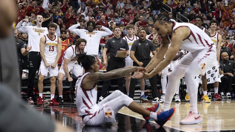 Mar 15, 2024; Kansas City, MO, USA; The Iowa State Cyclones bench celebrates a made basket against the Baylor Bears in the second half at T-Mobile Center. Mandatory Credit: Amy Kontras-USA TODAY Sports
