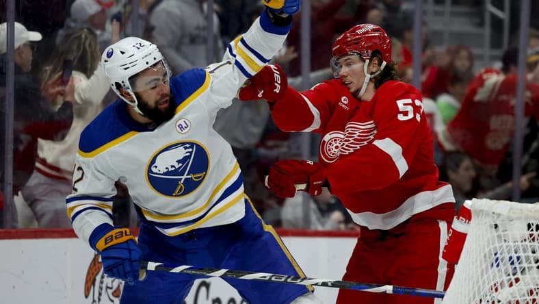 Mar 16, 2024; Detroit, Michigan, USA;  Detroit Red Wings defenseman Moritz Seider (53) shoves Buffalo Sabres left wing Jordan Greenway (12) in the third period at Little Caesars Arena. Mandatory Credit: Rick Osentoski-USA TODAY Sports