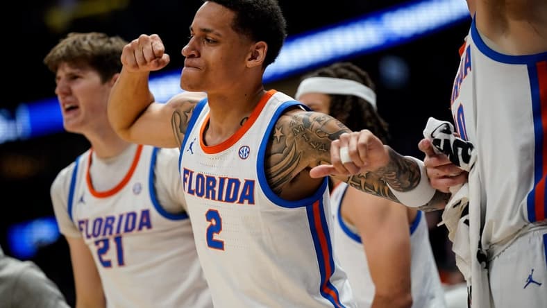 Florida guard Riley Kugel (2) reacts as an basket is scored against Texas A&M during the second half of a SEC tournament semifinal game at Bridgestone Arena in Nashville, Tenn., Saturday, March 16, 2024.