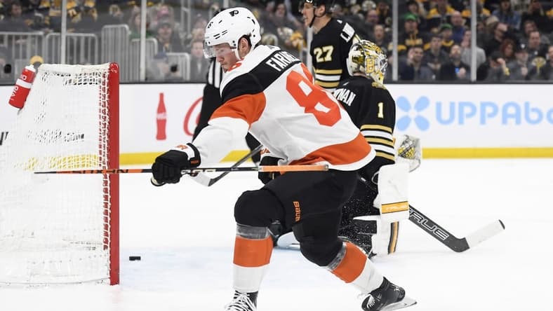 Mar 16, 2024; Boston, Massachusetts, USA; Philadelphia Flyers left wing Joel Farabee (86) reacts after scoring a goal during the second period against the Boston Bruins at TD Garden. Mandatory Credit: Bob DeChiara-USA TODAY Sports