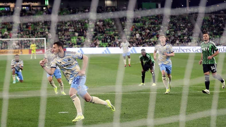 Mar 16, 2024; Austin, Texas, USA; Philadelphia Union midfielder Daniel Gazdag (10) celebrates after scoring a goal against Austin FC in the first half at Q2 Stadium. Mandatory Credit: Erich Schlegel-USA TODAY Sports