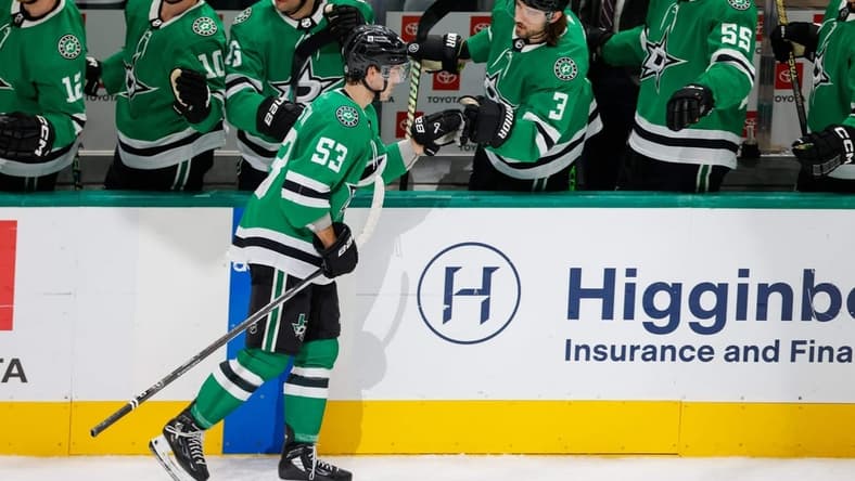 Mar 16, 2024; Dallas, Texas, USA; Dallas Stars center Wyatt Johnston (53) celebrates with his teammates after scoring a goal during the first period against the Los Angeles Kings at American Airlines Center. Mandatory Credit: Andrew Dieb-USA TODAY Sports
